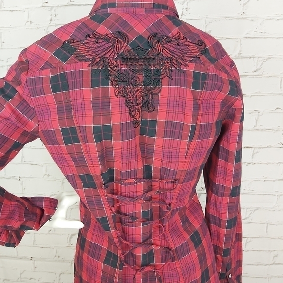  Harley Davidson Plaid Lace up Back Button Down Shirt - Picture 6 of 10